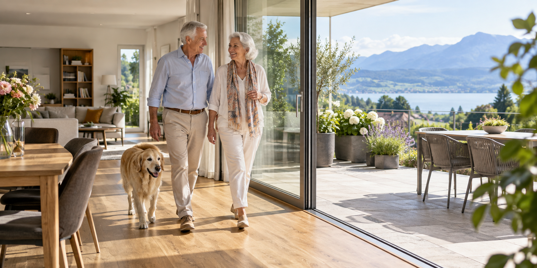 Älteres Paar in einer hellen ebenerdigen Wohnung mit Terrasse